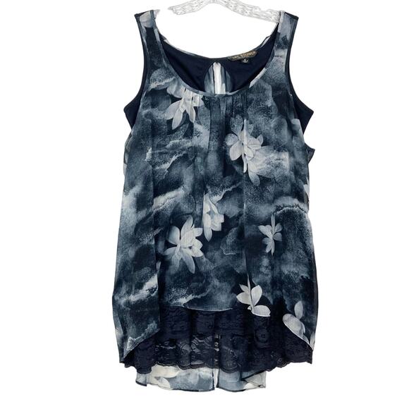 NWOT MARC BOUWER Top M Grey Ivory Floral Sheer-Overlay Lace-Trim Slit-Back - Picture 1 of 7